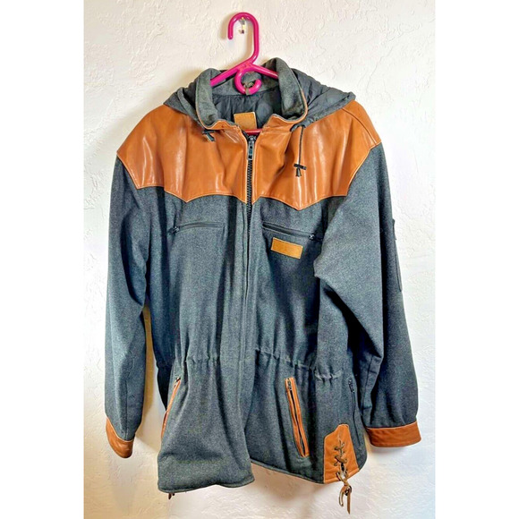 Lefa Other - Vintage 90s LEFA Wool Leather Shooting Hunter Jacket Lace Sides Front Gray XL
